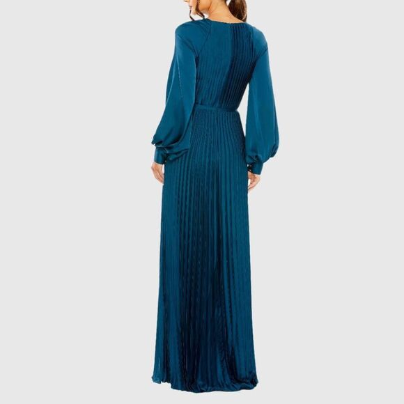$498 Mac Duggal 26590 Size 8 Blue Pleated High Neck Long Sleeve Maxi Dress Gown - Picture 4 of 4